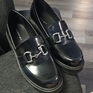 Madden Girl Shiny Black Loafers with Silver Accents